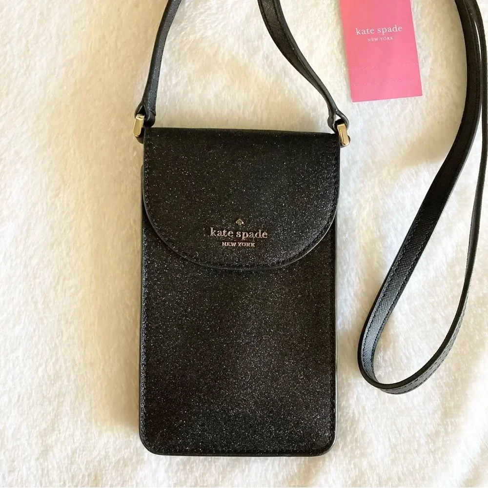 NWT Kate Spade Joeley North South Crossbody Black Glitter Mini Phone